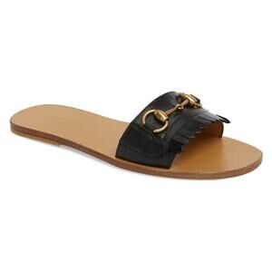 Gucci Varadero Black Horsebit Gold Fringed Slide Mule Slipper Flat Sandal 35